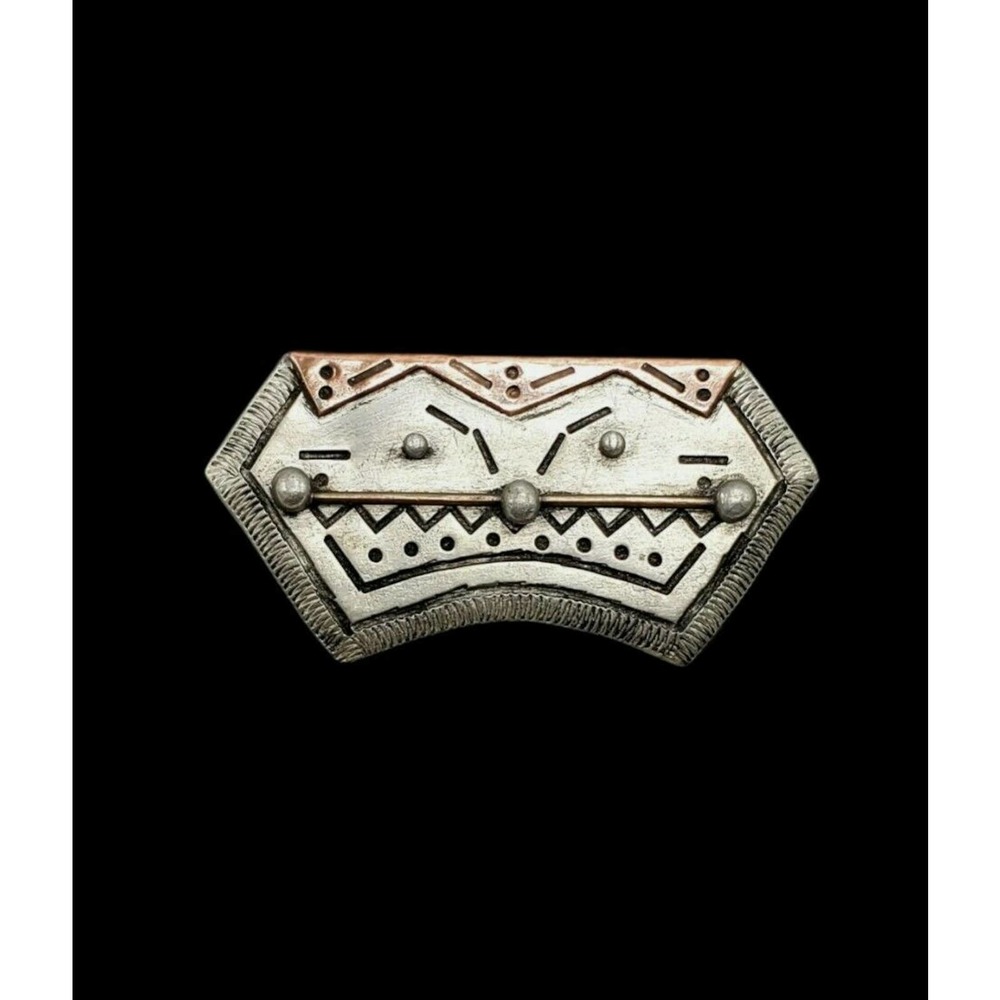 Vintage Artisan Signed MCM African Zula Tribal Warrior Mixed Metal 2 1/4" Brooch